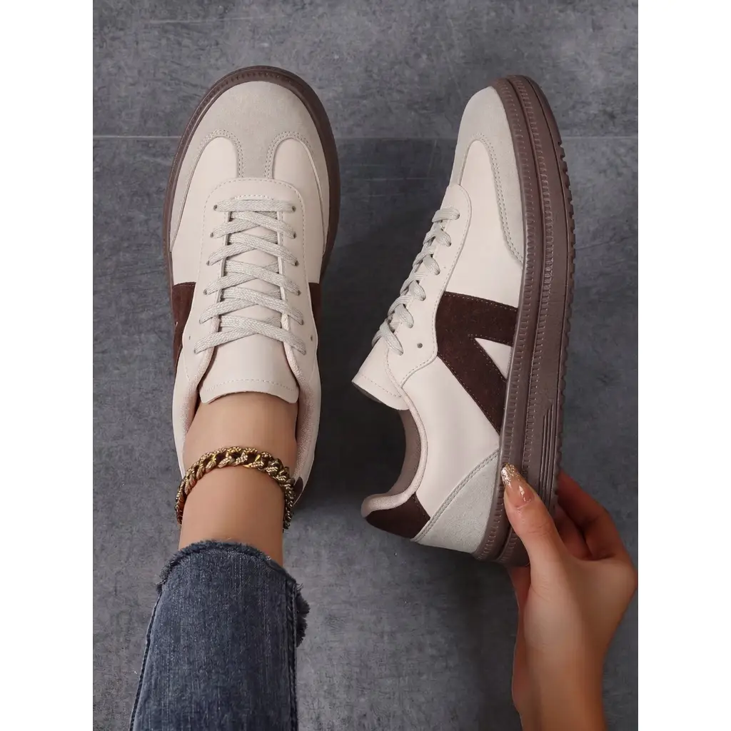 Kadın Sneaker Yüksek Taban Ortopedik Bağcıklı Spor Ayakkabı Retro Bej-011