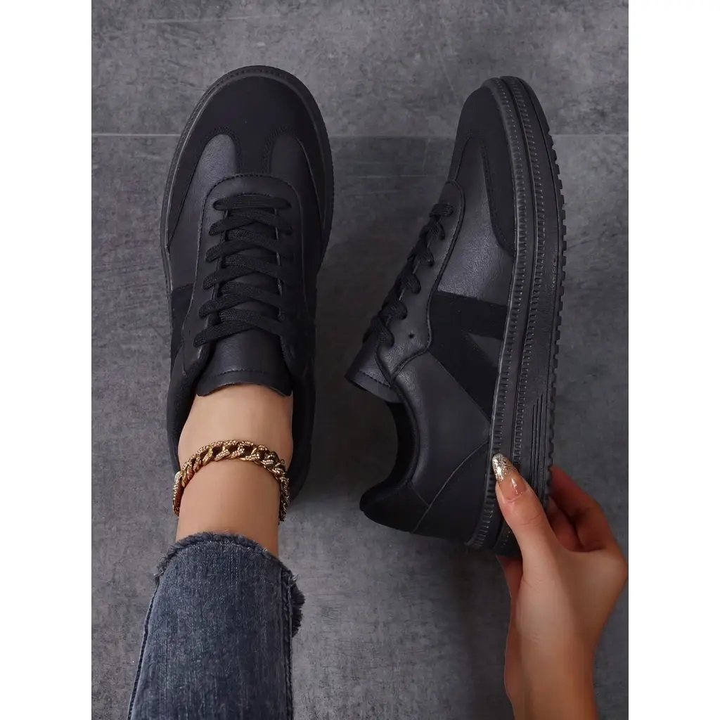 Kadın Sneaker Yüksek Taban Ortopedik Bağcıklı Spor Ayakkabı Retro Siyah-011